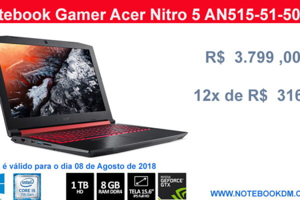 Notebook Gamer Acer Nitro 5 AN515-51-50U2 Por R$ 3.799 ,00 ou 12x de R$ 316,58 sem Juros em cartões BattleField V, GTA V, CSGO, PUBG, Fortnite