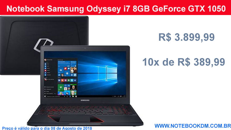 Notebook Samsung Odyssey i7 8GB GeForce GTX 1050 - R$ 3.899,99 á vista ou 10x de R$ 389,99 ótima configuração rodar Games com gráficos altos sem travamentos