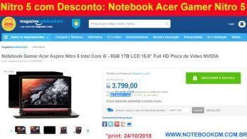 Nitro 5 com Desconto: Notebook Acer Gamer Nitro 5 A515 51 50U2 é ótimo para Games pesados ótimo custo benefício  Nitro 5 da Acer  R$ 3.533,07 à vista