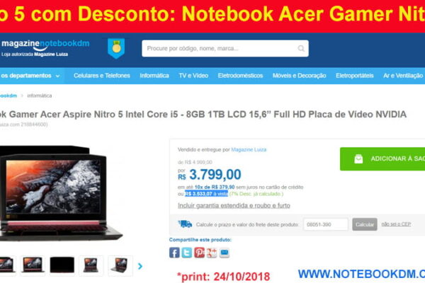 Nitro 5 com Desconto: Notebook Acer Gamer Nitro 5 A515 51 50U2 é ótimo para Games pesados ótimo custo benefício  Nitro 5 da Acer  R$ 3.533,07 à vista
