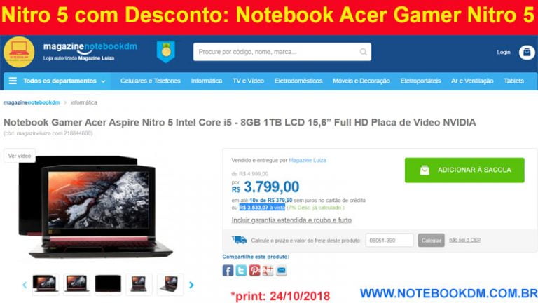 Nitro 5 com Desconto: Notebook Acer Gamer Nitro 5 A515 51 50U2 é ótimo para Games pesados ótimo custo benefício  Nitro 5 da Acer  R$ 3.533,07 à vista