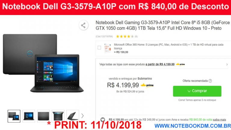 Notebook Dell G3-3579-A10P com R$ 840,00 de Desconto Notebook é perfeito para rodar jogos com gráficos bem altos e sem travamento Compre e receba