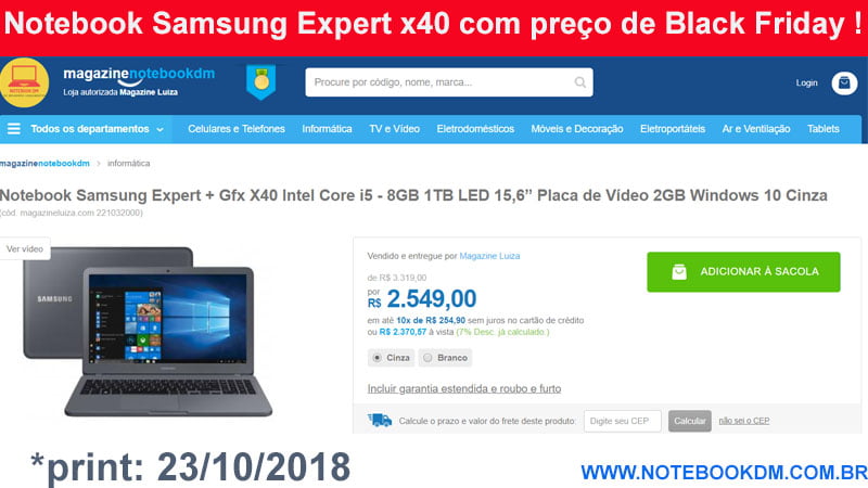Notebook Samsung Expert x40 com preço de Black Friday custando apenas R$ 2.370,57 à vista. Notebook tem uma boa configuração conseguir fazer upgrade