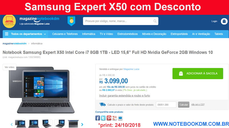 Samsung Expert X50 com Desconto na loja Magazine NotebookDM por tempo Limitado. Hoje está custando apenas R$ 2.882,07 à vista preço é de Black Friday