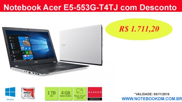 Notebook Acer E5-553G-T4TJ com Desconto por tempo Limitado ! É isso mesmo, o notebook está custando apenas R$ 1.711,20 se pagar com AME DIGITAL. 