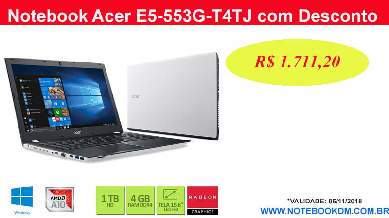 Notebook Acer E5-553G-T4TJ com Desconto por tempo Limitado ! É isso mesmo, o notebook está custando apenas R$ 1.711,20 se pagar com AME DIGITAL. 