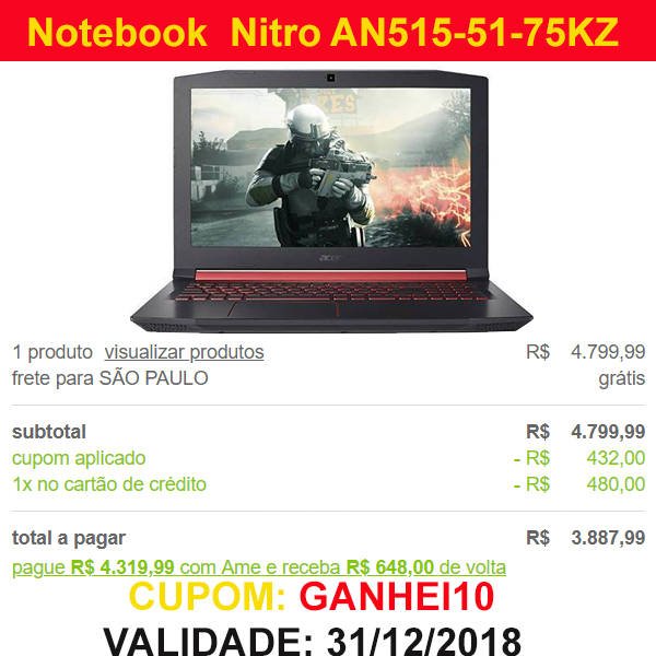 Acer Nitro 5 75KZ com Desconto bom - ótimo notebook para jogos pesados vai conseguir rodar jogos pesados PUBG, GTA V, RUST, THE HORIZON 4 sem LAG
