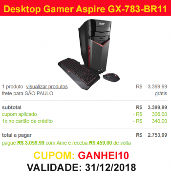 Computador Gamer da Acer com Desconto até o Final do ano de 2018 com Cupom GANHEI10. Desktop Gamer Acer Aspire GX-783-BR11 Intel Core 7 I5 8GB (GeForce 1050TI com 4GB) 1TB W10. O PC é capaz de rodar muitos jogos da atualidade com ótima qualidade gráfica.  