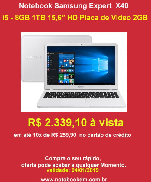 Notebook Expert X40 Branco com Desconto O Notebook Samsung Expert X40 na cor Branca está com desconto por tempo super Limitado R$ 2.339,10 à vista