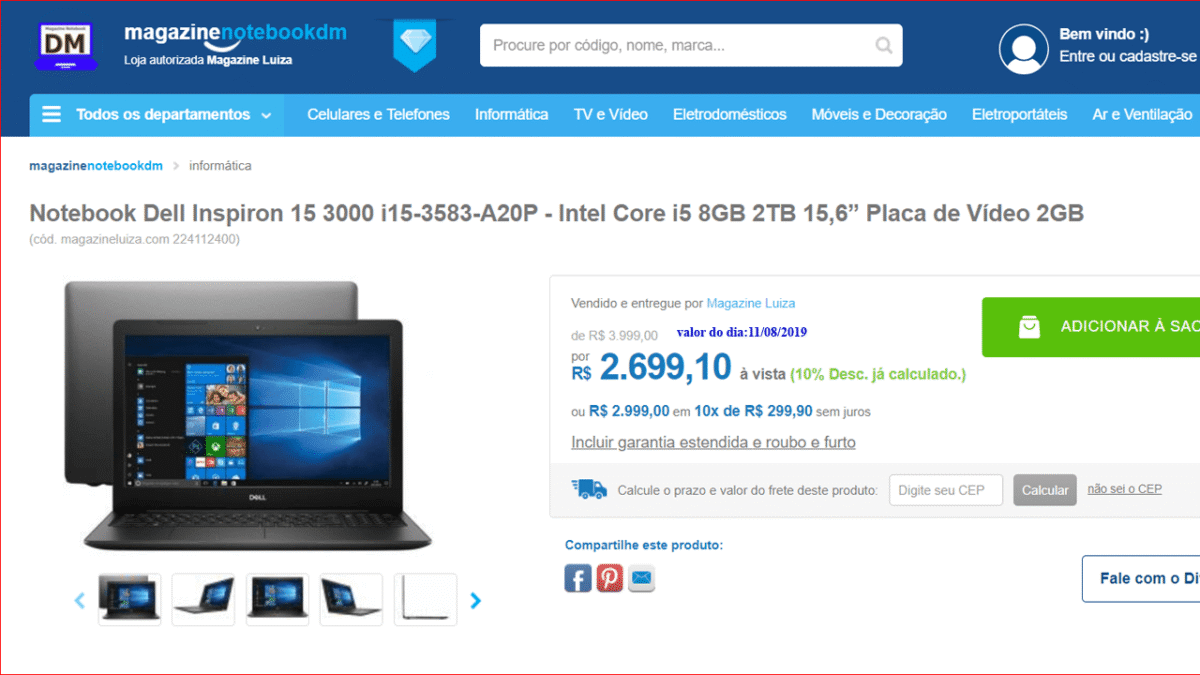 Dell Inspiron 15 3000 i15-3583-A20P Por R$ 2.699,10 á vista