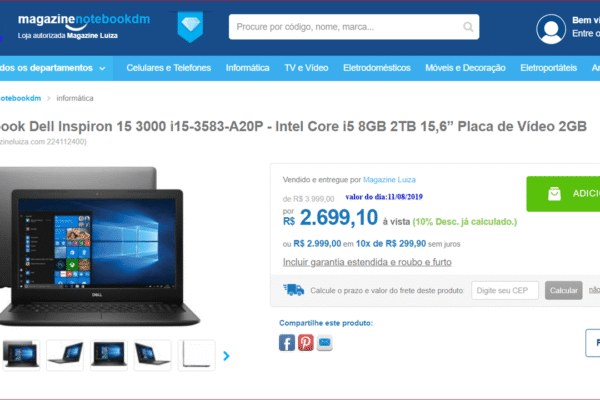 Dell Inspiron 15 3000 i15-3583-A20P Por R$ 2.699,10 á vista
