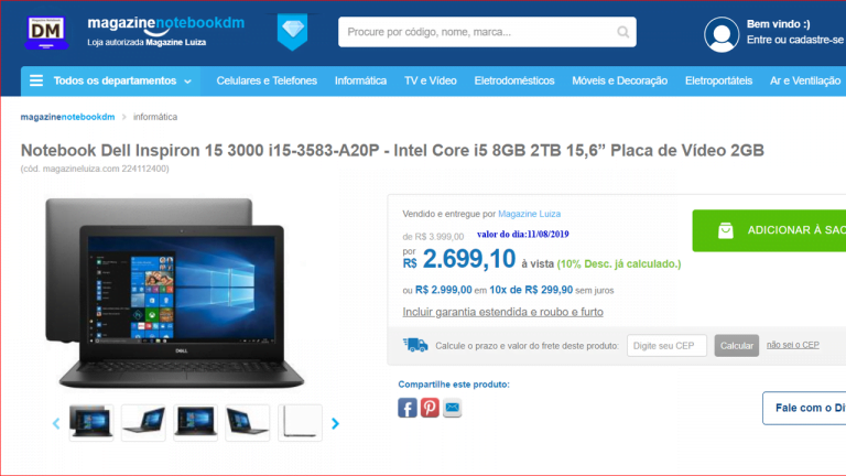 Dell Inspiron 15 3000 i15-3583-A20P Por R$ 2.699,10 á vista