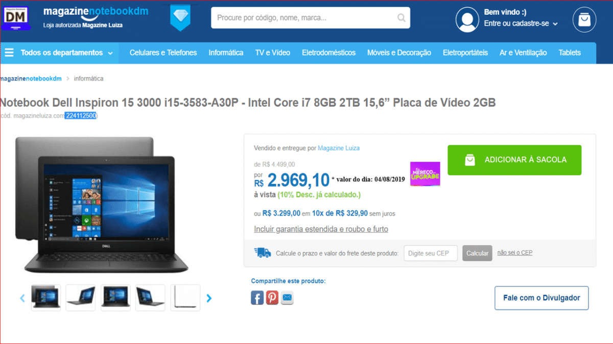 Dell Inspiron i15-3583-A30P R$ 2.969,10