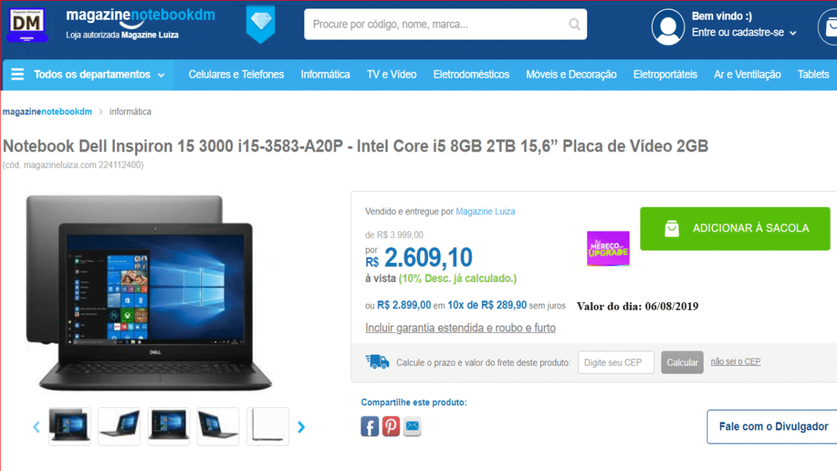 Notebook Dell Inspiron i15-3583-A20P por R$ 2.609,10 á vista ou R$ 2.899,00