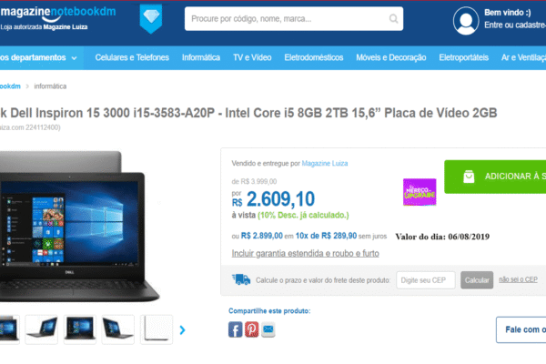 Notebook Dell Inspiron i15-3583-A20P por R$ 2.609,10 á vista ou R$ 2.899,00