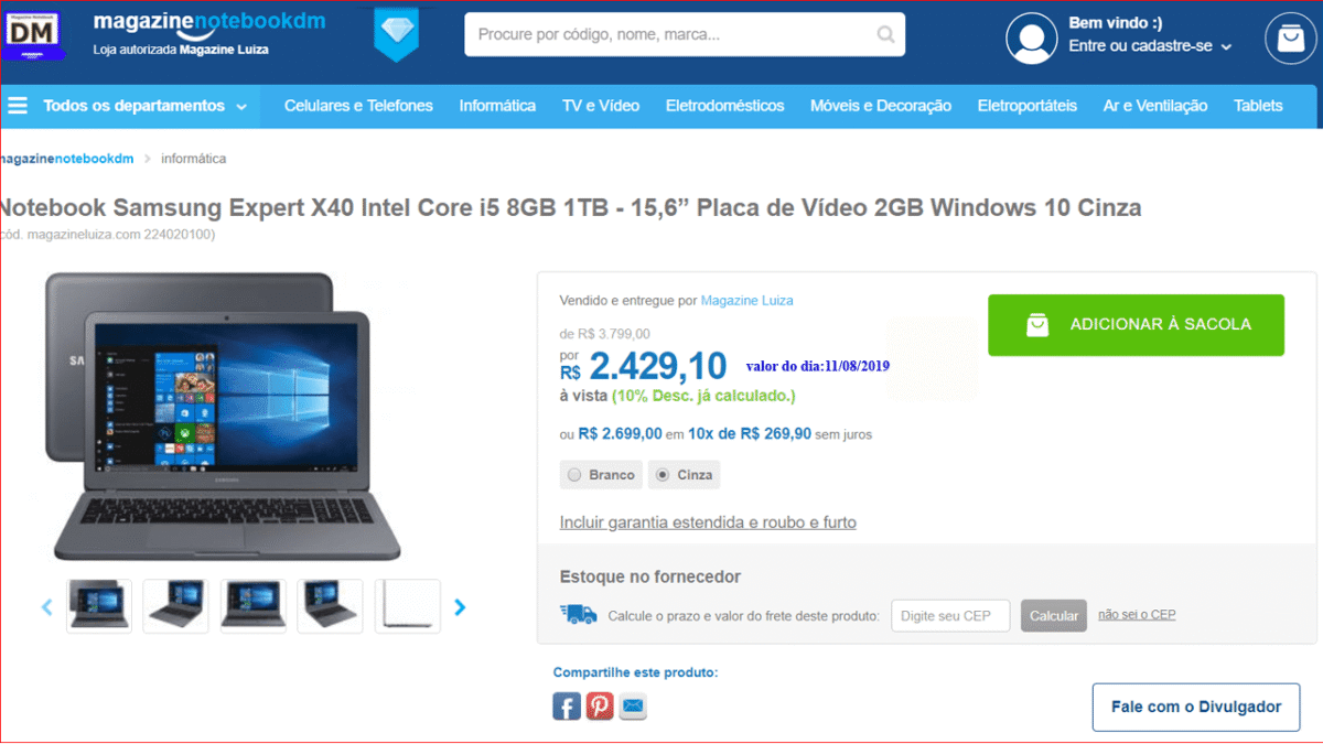 Notebook Samsung Expert X40 por R$ 2.429,10 à vista