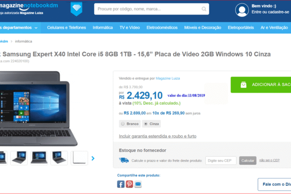 Notebook Samsung Expert X40 por R$ 2.429,10 à vista