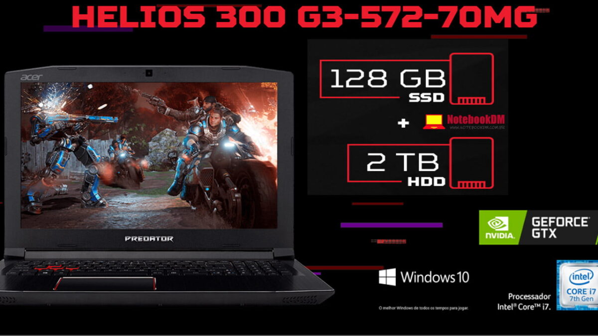 imagem ilustrativa do notebook Acer Predator Helios 300 G3-572-70MG com SSD e placa de vídeo dedicada avançada de 6 Gigas de Memória VRAM