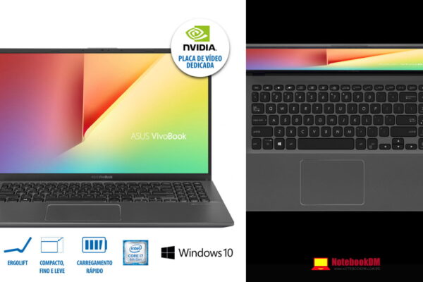 imagem ilustrativa do Notebook Asus VivoBook X512FJ-EJ227T, que se trata de um modelo intermediário para trabalhar com projetos gráficos de nível médio