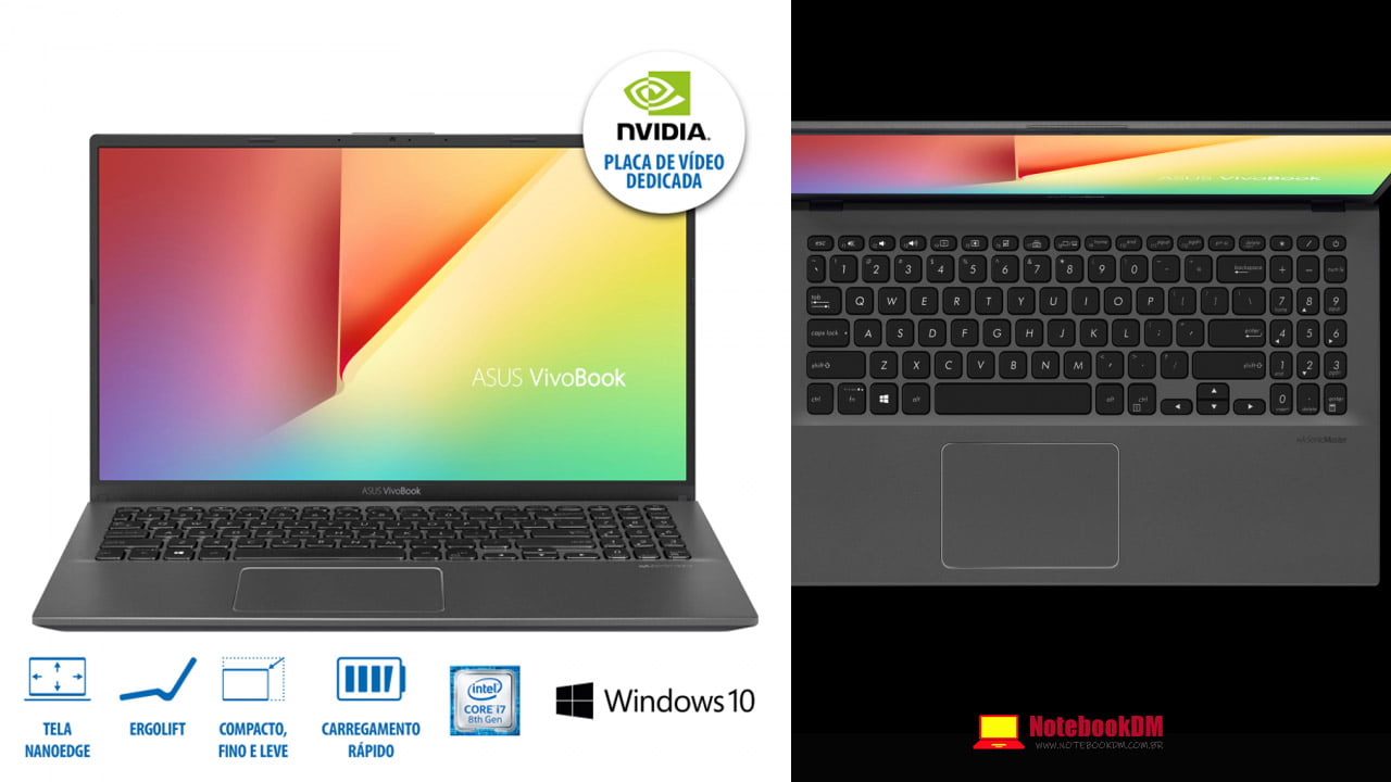 imagem ilustrativa do Notebook Asus VivoBook X512FJ-EJ227T, que se trata de um modelo intermediário para trabalhar com projetos gráficos de nível médio