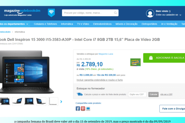 Preço do Dell i15-3583-A30P na Semana do Brasil