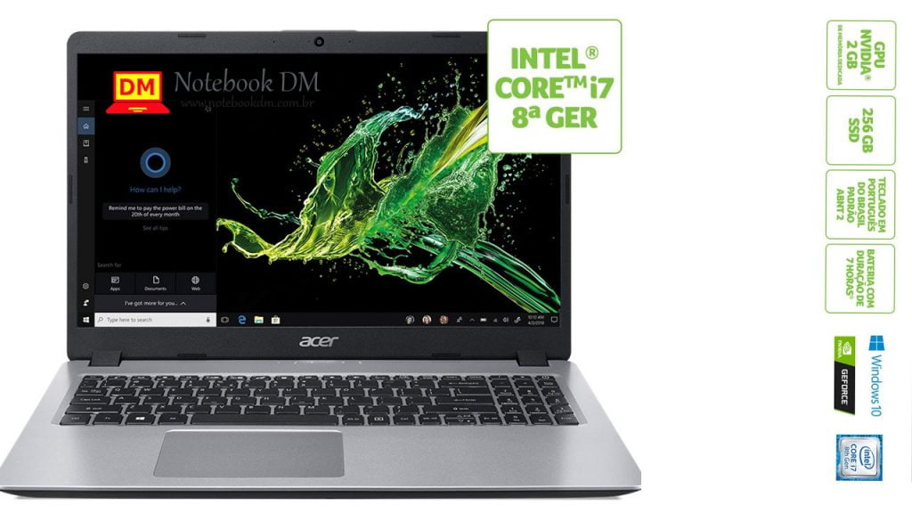 Acer A515-52G-73SY 1 post com as principais informações do Notebook Acer A515-52G-73SY