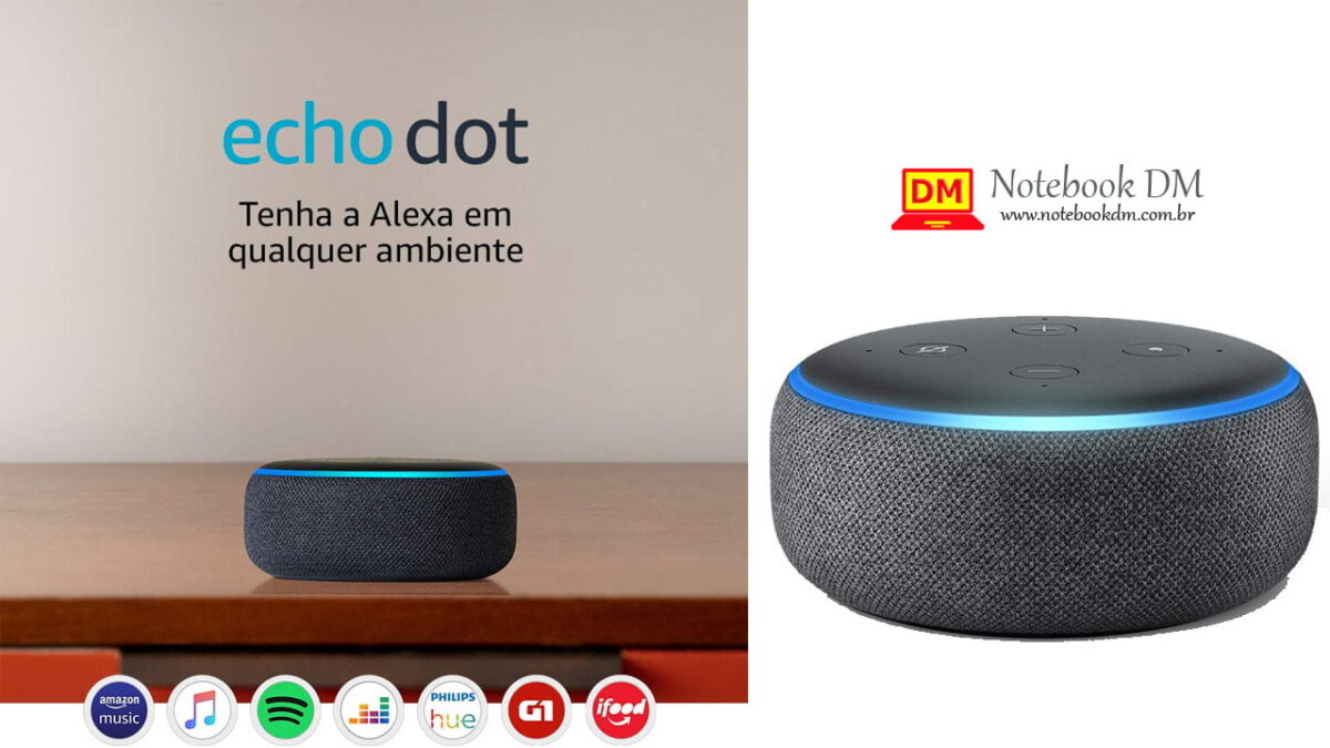 imagem ilustrativa do Echo Dot e alguns dos seus principais detalhes e recursos que pode ser utilizados