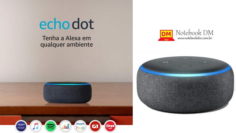 imagem ilustrativa do Echo Dot e alguns dos seus principais detalhes e recursos que pode ser utilizados