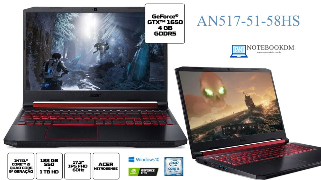 Nitro 5 AN517-51-58HS Tela 17.3 " GTX 1650 SSD NVME i5-9300H 2020 2 O Nitro 5 AN517-51-58HS é um Notebook Gamer com tela de 17.3 Polegadas e com uma Geforce GTX 1650 !