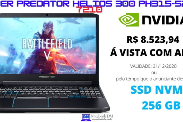 Notebook Gamer Acer Predator Helios 300 PH315-52-7210 i7 9ª 16GB RA, RTX 2060 6GB 2TB +SSD 256GB R$ 8.523,94