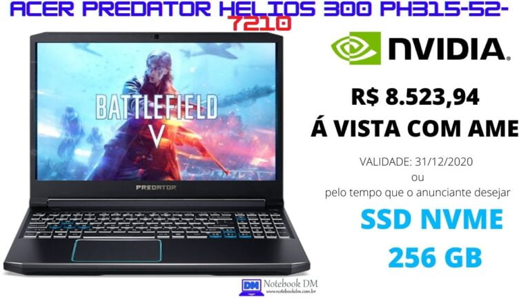 Notebook Gamer Acer Predator Helios 300 PH315-52-7210 i7 9ª 16GB RA, RTX 2060 6GB 2TB +SSD 256GB R$ 8.523,94