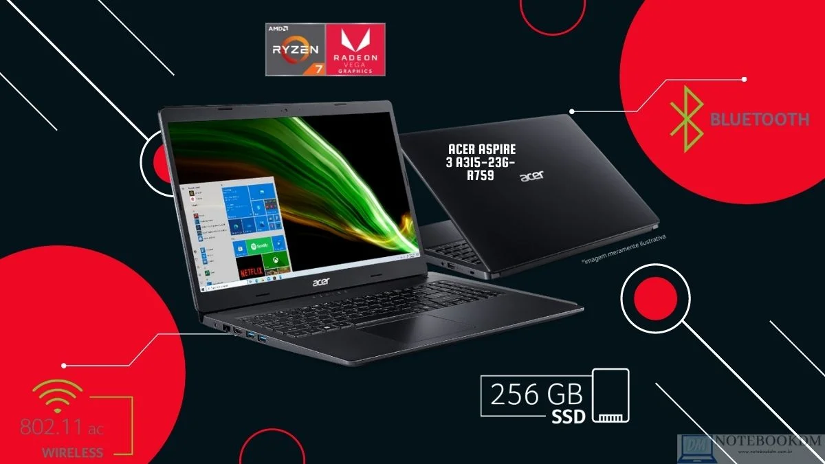 Acer Aspire 3 A315-23G-R759 com AMD Ryzen 7-3700U + SSD NVME 256 GIGAS + Vega 10 e Radeon™ 625