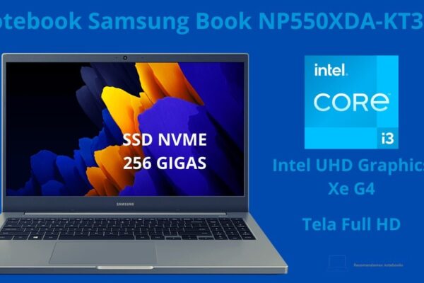 Notebook Samsung Book NP550XDA-KT3BR Intel Core i3 1115G4 de 11 geração + SSD 256 GB e Tela Full HD