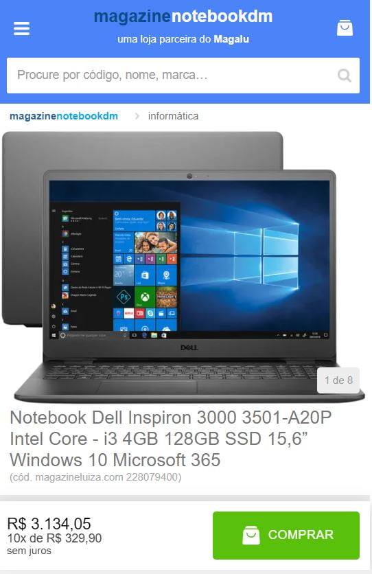 Notebook Dell Inspiron 3000 3501-A20P por R$ 3.134,05 á vista