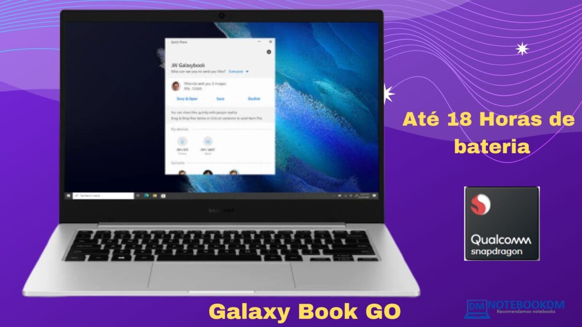 Galaxy Book GO : Snapdragon 7c SSD 128 GB 4 GB RAM TELA FULL HD Notebook com design moderno, leve e compacto bateria dura até 18 horas
