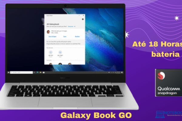 Galaxy Book GO : Snapdragon 7c SSD 128 GB 4 GB RAM TELA FULL HD Notebook com design moderno, leve e compacto bateria dura até 18 horas