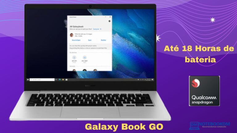 Galaxy Book GO : Snapdragon 7c SSD 128 GB 4 GB RAM TELA FULL HD Notebook com design moderno, leve e compacto bateria dura até 18 horas