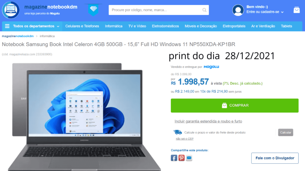 Notebook Samsung Book NP550XDA-KP1BR