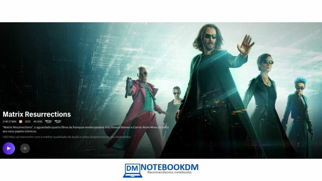 Matrix Resurrections estréia no HBO MAX 1 Matrix Resurrections estréia no HBO MAX COM RESOLUÇÃO 4K UHD estrela Keanu Reeves como protagonista NEO e Carrie-Anne Moss como Trinity