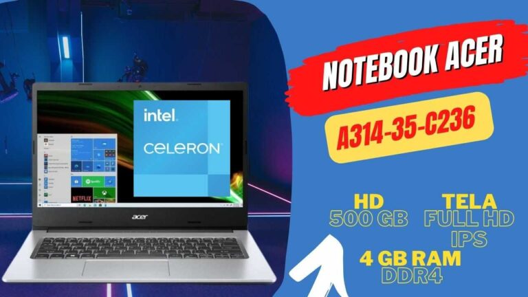 Notebook Acer A314-35-C236 Com Tela de 14" com Resolução FULL HD IPS e Intel Celeron N4500.