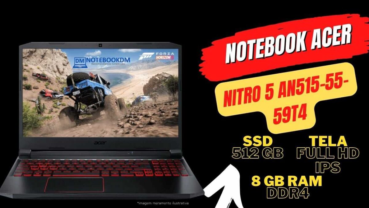 Notebook Gamer Acer Nitro 5 AN515-55-59T4 com Core I5 de 10ª geração, 8GB de RAM, SSD de 512GB e NVIDIA GTX 1650
