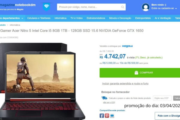 Notebook Gamer Acer Nitro 5AN515-54-528V por R$ 4.742,07 ou R$ 5.099,00 em 10x de R$ 509,90.