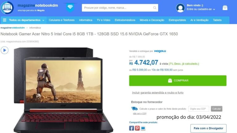 Notebook Gamer Acer Nitro 5AN515-54-528V por R$ 4.742,07 ou R$ 5.099,00 em 10x de R$ 509,90.