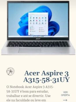 O Notebook Acer Aspire 3 A315-58-31UY é bom para estudar, trabalhar e até se divertir. Use ele na faculdade ou leve em viagens. A sua configuração é bom e possui tela Full HD.