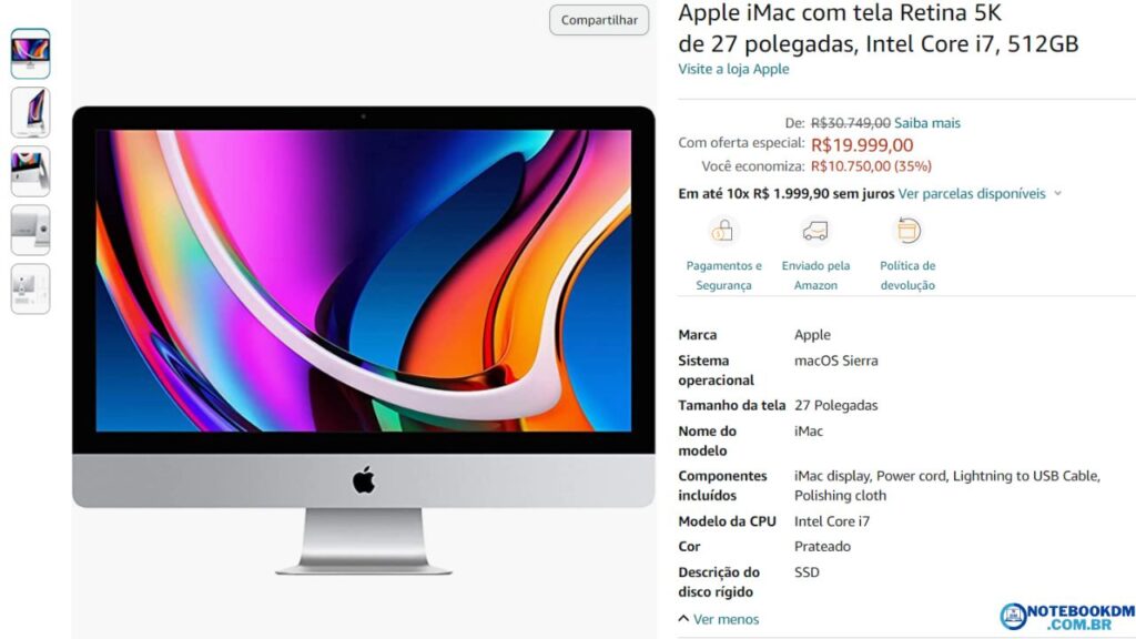 iMac com tela Retina 5K De R$30.749,00 por R$19.999,00 Oferta