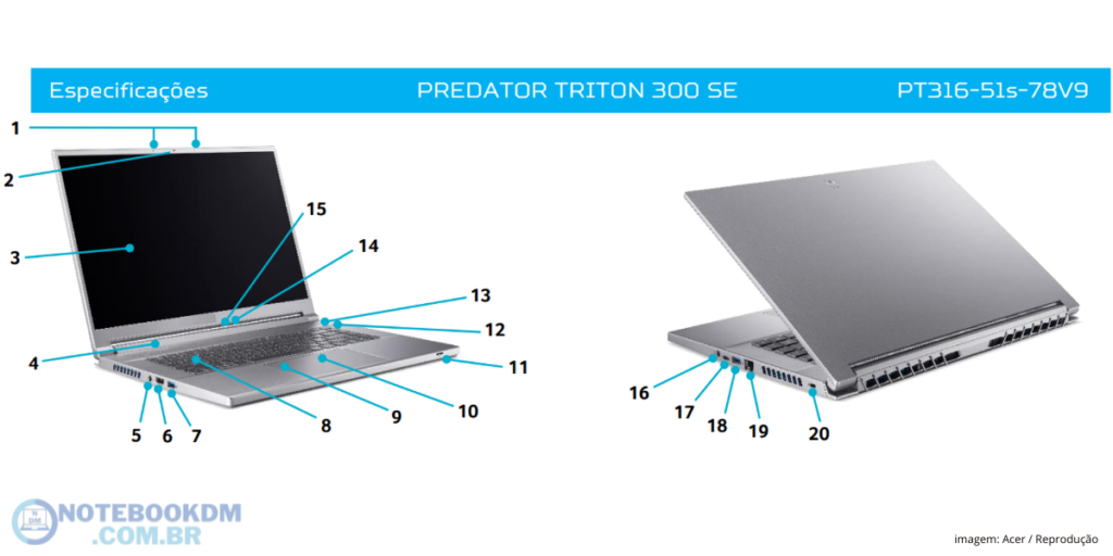 Notebook Acer Gamer PREDATOR TRITON 300 SE PT316-51S-78V9 ficha técnica