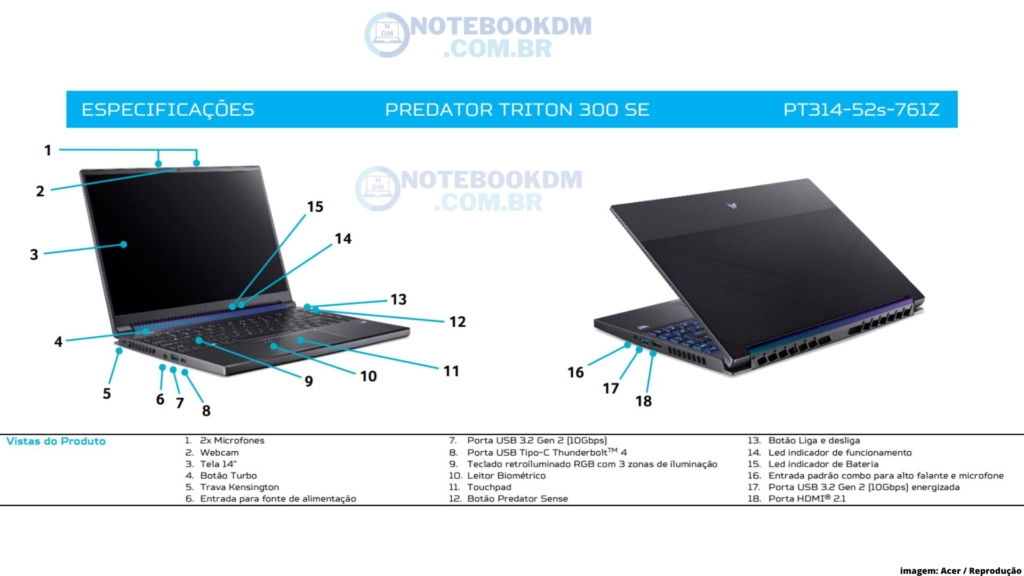 Notebook Gamer Predator Triton 300 PT314-52S-761Z - ficha