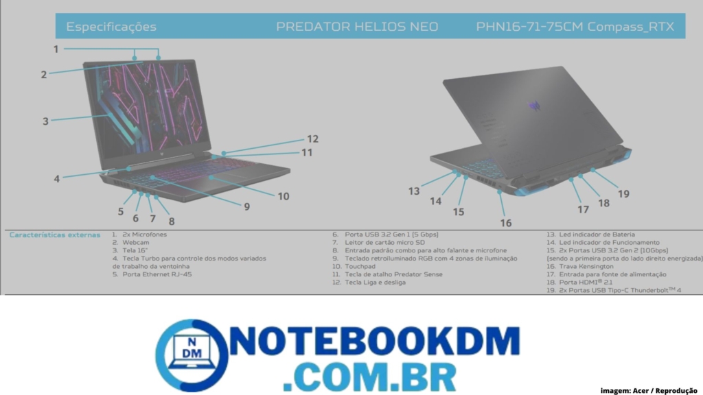 Notebook Acer Predator com RTX 4050 - Predator Helios Neo PHN16-71-75CM 2 lançamento Predator Helios Neo PHN16-71-75CM