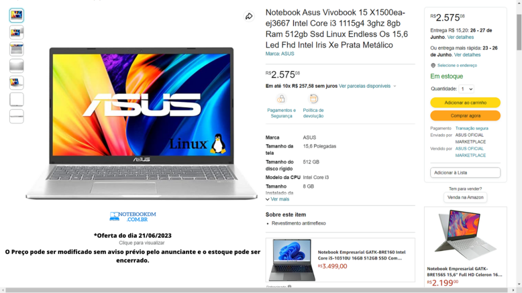 oferta Notebook Asus Vivobook 15 X1500ea-ej3667 Intel Core i3 1115g4