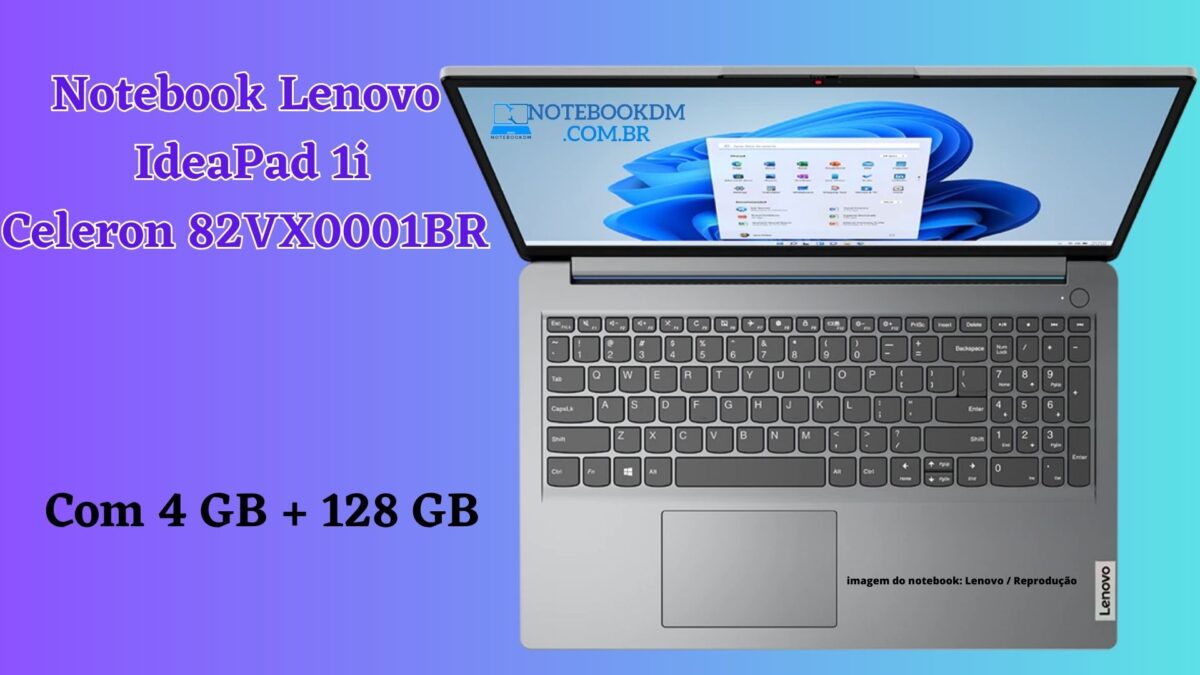 Notebook Lenovo IdeaPad 1i Celeron 82VX0001BR 4GB + 128GB Notebook para estudar ou navegar na internet e assistir filmes ou séries